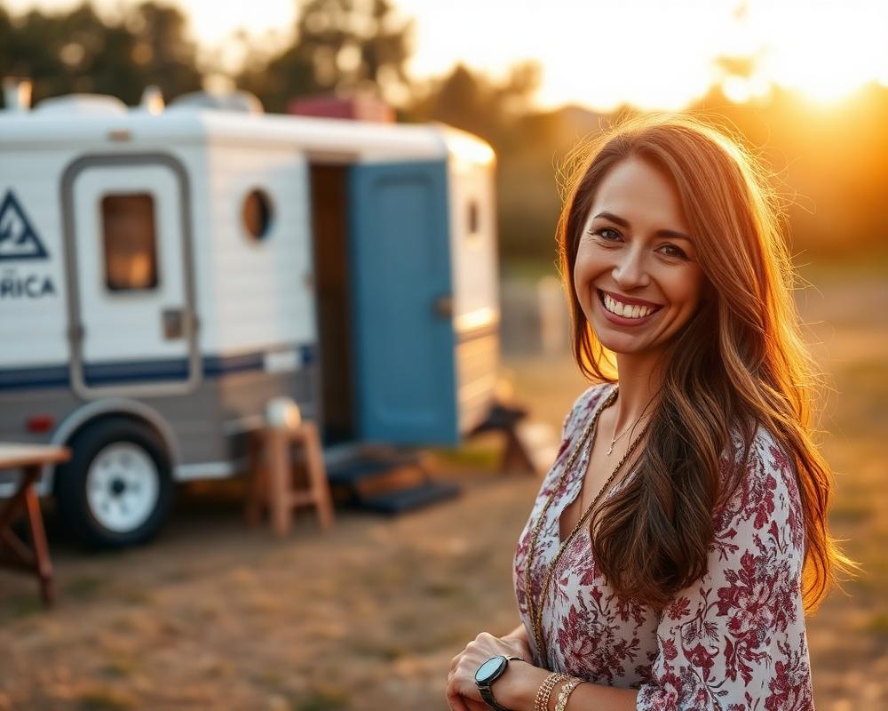 Happy customer at event with restroom trailer
